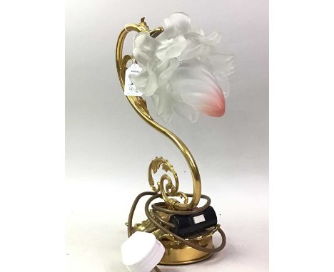 BRASS TABLE LAMP, ALONG WITH A SET OF FOUR WALL LIGHTS the table lamp of 's' scroll form, with leaf decoration and with an op