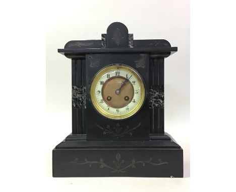 VICTORIAN BLACK SLATE MANTEL CLOCK, the dial with Arabic numerals32cm high