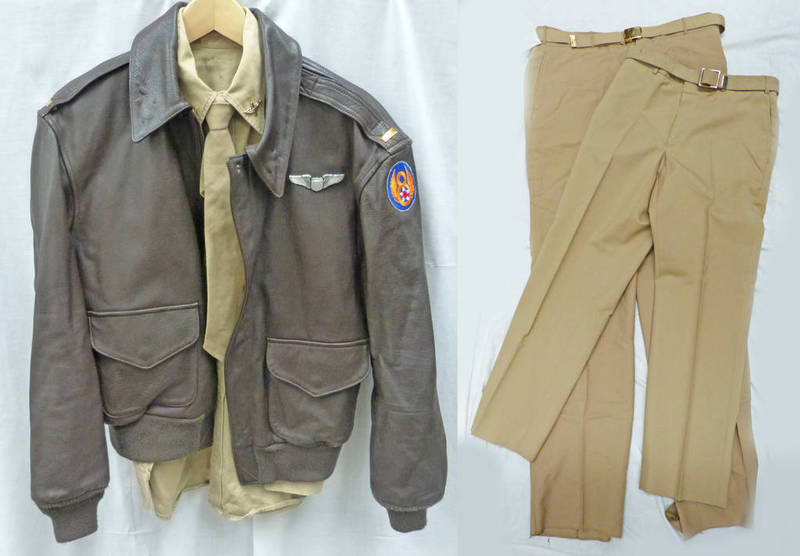 REPRODUCTION WW2 USAAF FLYING LIEUTENANT UNIFORM INCLUDING AZ LEATHER JACKET SIZE 60R, SHIRT, TR