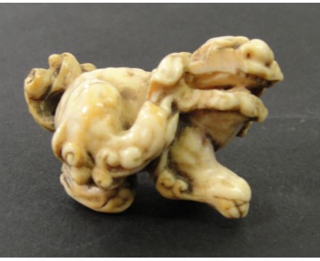 A Japanese Ivory Netsuke:
Edo period
Finely carved in the shape of a lion dog scratching his face with a back paw
W 4 cm 
 CO