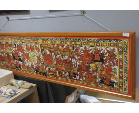 A painting on fabric with Indian influenced subject matter showing hunting scenes
