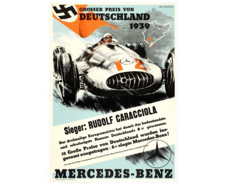 Grosser Preis von Deutschland 1939 - Mercedes Benz motor racing poster. Original vintage motorsport poster promoting Mercedes