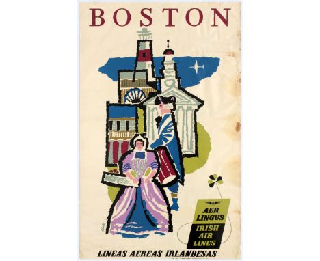 Original vintage travel poster for Boston produced by Aer Lingus. Good condition, staining. Country: Ireland Year: 1958 Desig