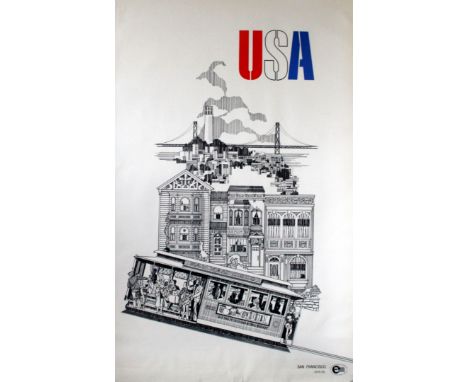 San Francisco USA Original vintage travel poster for San Francisco featuring a tram going up a hill with the Golden Gate Brid