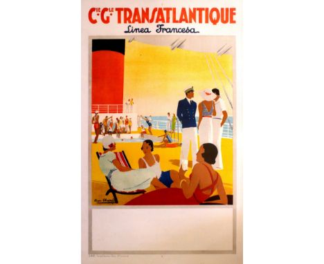French Line Transatlantic Art Deco Original vintage cruise line poster advertising travel on the Linea Francesa with Compagni
