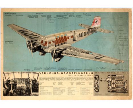 Original vintage aviation poster depicting a cutout cutof of Lufthansa Junkers Ju 52 airplane named Bolcke. The posters was p