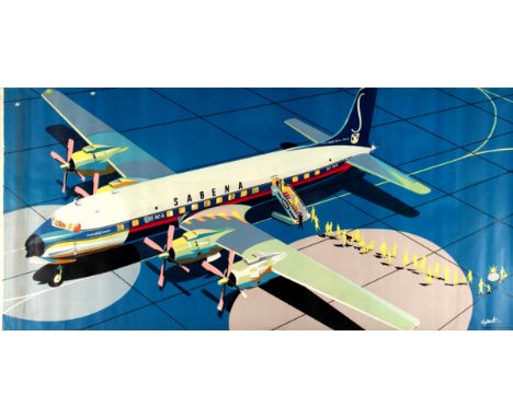 Original vintage travel advertising poster for Sabena to promote the new Douglas DC7c Seven Seas plane model used on their se