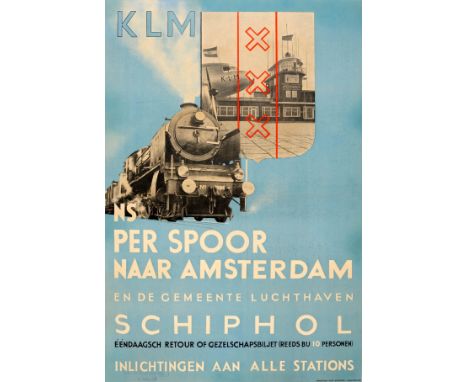 Steam Train KLM Schiphol Airport Original vintage travel advertising poster: KLM Take the NS train to Schiphol Airport featur