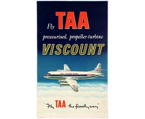 Original vintage travel poster for Australian airline Trans Australia Airlines, with slogan, Fly TAA- the friendly way . Fly 