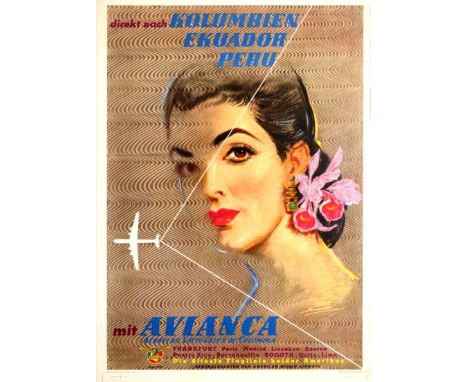 Original vintage travel advertising poster in German promoting direct flights to Colombia, Ecuador and Peru from Europe with 