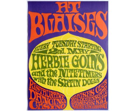 Original vintage psychedelic advertising poster for London club Blaises . Blaises Club was located in the basement of the Imp