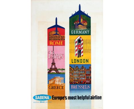 Sabena Most Helpful Airline Original vintage travel advertising poster: Rome &acirc;€“ Paris &acirc;€“ Greece &acirc;€“ Germa