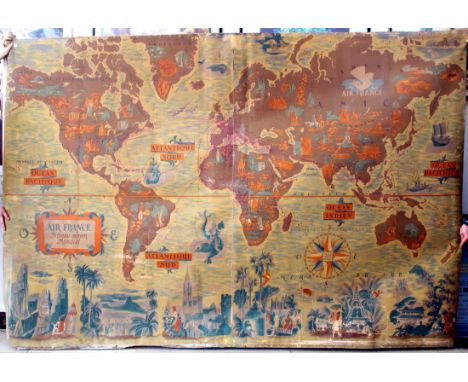 Rare large original vintage planisphere poster map of Air France routes issued only to Air France offices. The poster feature