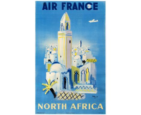 Travel original vintage poster Air France North Africa. Bernard Villemot (1911, Trouville-sur-Mer – 1989) was a French graphi