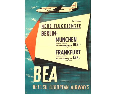 Original vintage poster for British European Airways - Berlin, Munich, Frankfurt. Mid-century modern stylised image of an arr