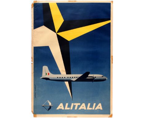 Original vintage  advertising poster for Italian Airline Alitalia . Fair condition, tears, paper losses creasing and tape mar