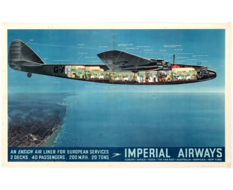 Travel original vintage poster Imperial Airways An Ensign Air Liner for European Services. Good condition, restored folds, mi