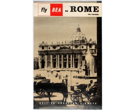 Original vintage travel poster for British European Airways flights to Rome via London. Fair condition, pinholes, repaired te