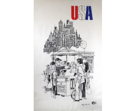 New York City USA Original vintage travel poster for New York City featuring a great black and white sketch style image of a 
