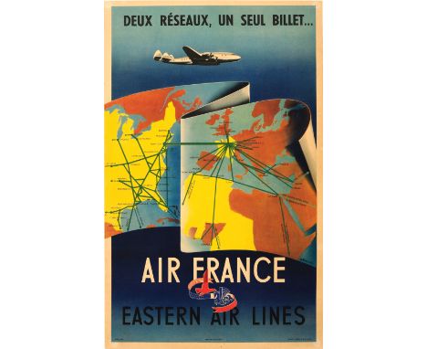 Original vintage travel advertising poster: Two networks, one ticket only... Air France - Eastern Air Lines / Deux reseaux, u