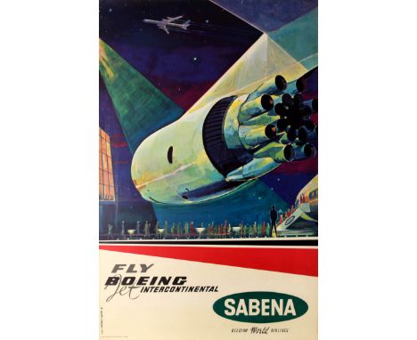 Boeing Jet Intercontinental Sabena Midcentury Original vintage travel advertising poster published by Sabena Belgium World Ai