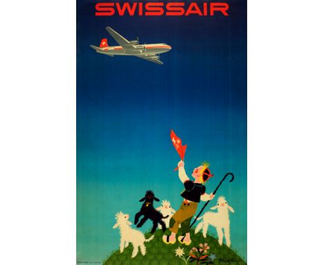 Original vintage travel advertising poster for Swissair featuring a colourful and fun image by the Swiss designer Donald Brun