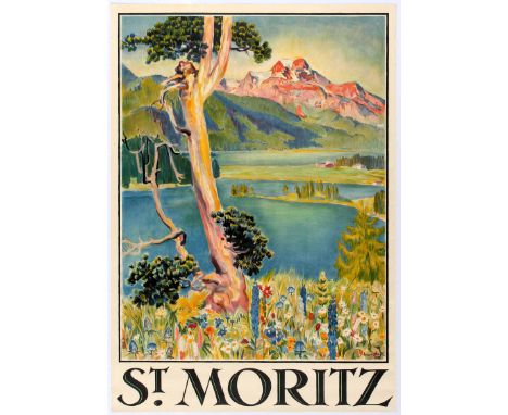 Original vintage stone lithograph poster Travel Poster St Moritz by Edward Stiefel (1875-1968). St. Moritz ( Sankt Moritz, Sa