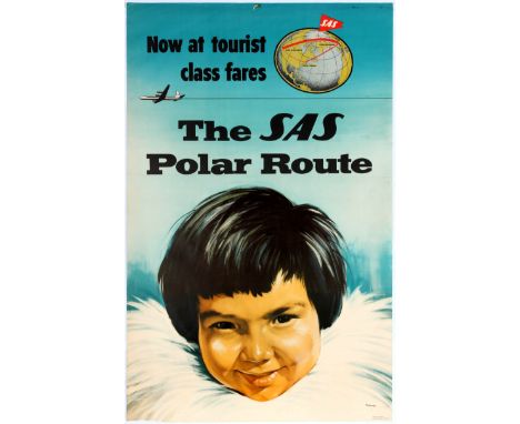 Original vintage travel poster for Swedish airline SAS Polar Route . Good condition, pinholes, creasing, repaired tears, ligh