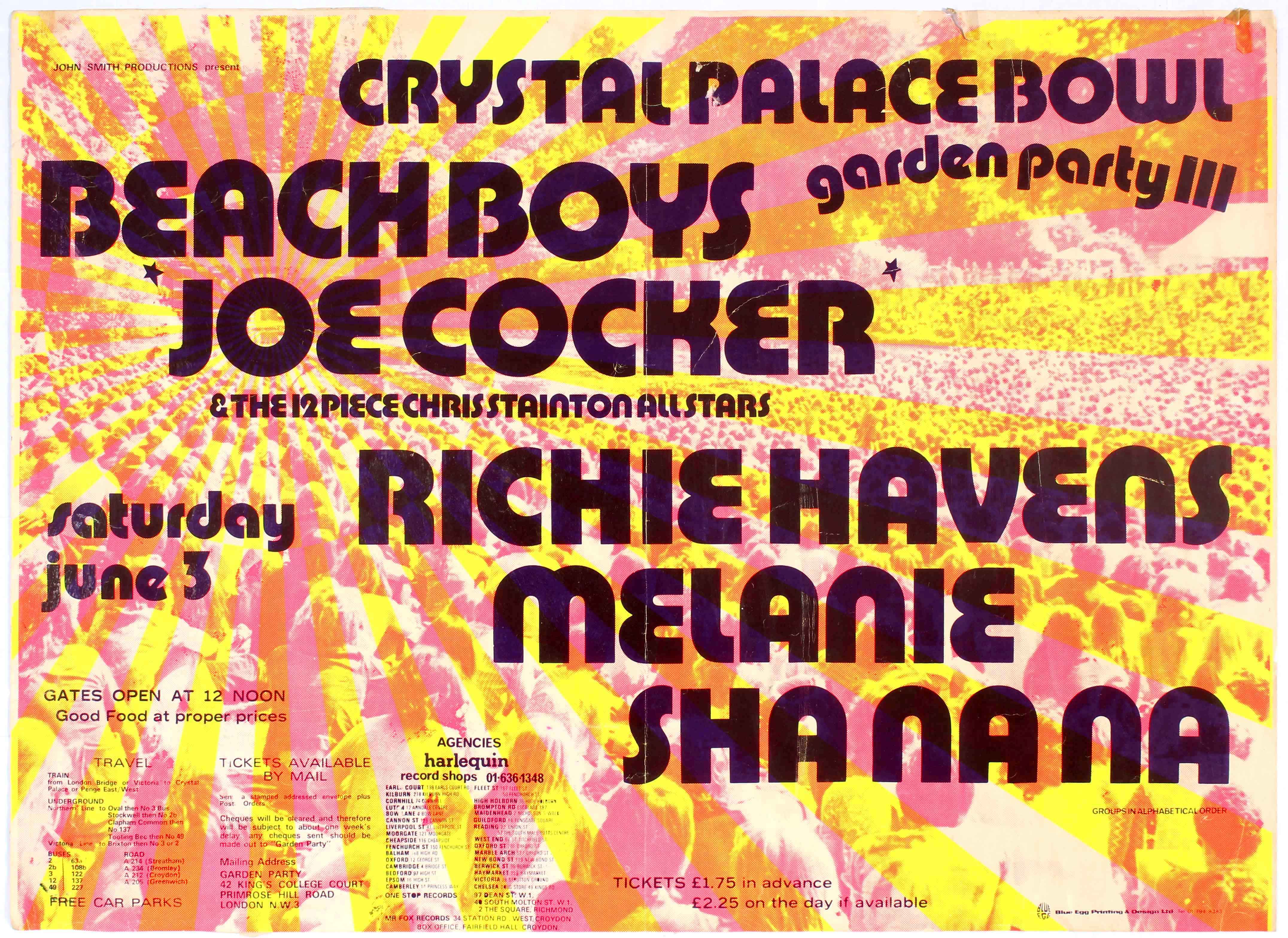 Concert Poster Beach Boys Joe Cocker Crystal Palace Bowl Garden Party Original Vintage Music Even