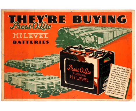 Advertising original vintage poster They're buying Prest-O-Lite Hi-Level Batteries. Image of a line-up of trucks and steam lo