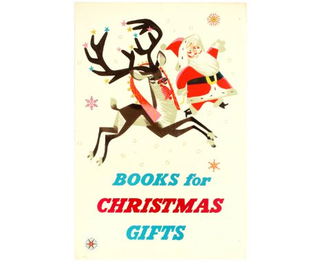 Advertising original vintage poster Books for Christmas Gifts. Fun image of Santa Claus with his reindeer Rudolf. Good condit