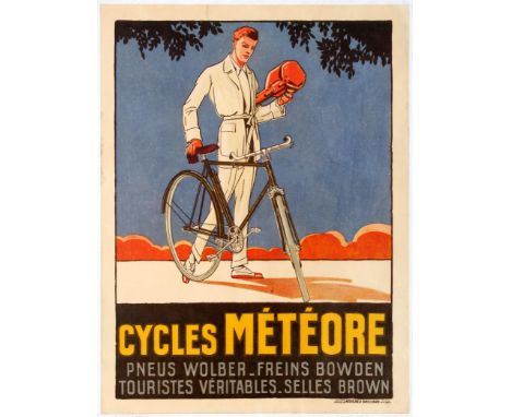 Advertising original vintage poster for French bicycles manufacturer Cycles Meteore. Great Art Deco design showing a young ge