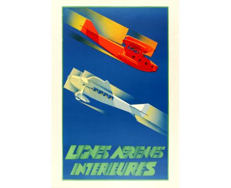 Lithograph re-issue of a 1930s poster promoting French Domestic Airlines / Lignes Aeriennes Interieures. Colourful Art Deco d