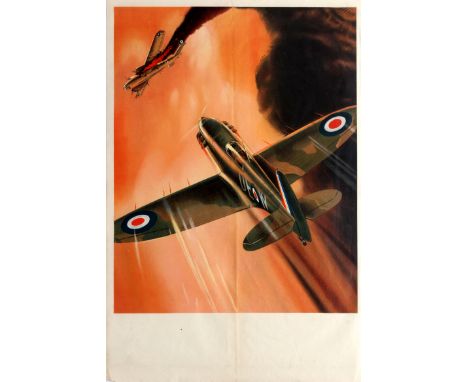 Original vintage World War Two poster featuring a dynamic design of a Spitfire aircraft flying at full speed towards a fallin
