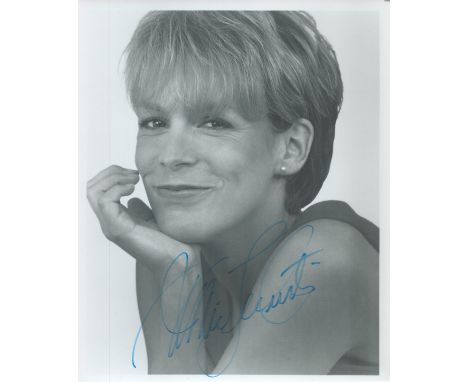 Jamie Lee Curtis signed 10 x 8 inch b/w portrait photo, with cheeky smile. Good condition. All autographs come with a Certifi