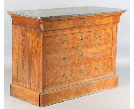 A Louis Philippe burr elm five-drawer commode, the veined grey marble top with reeded edge, height 92.5cm, width 127cm, depth
