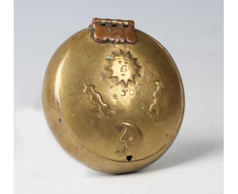 An 18th century Dutch brass snuff box with four-dial locking lid, diameter 8.8cm (faults).