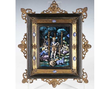 A Renaissance style Limoges enamel rectangular plaque, in the manner of Leonard Limosin, probably late 19th century, finely p