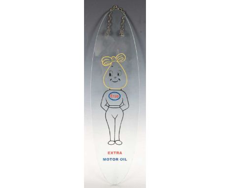 An Esso Extra Motor Oil glass advertising sign of elliptical form, fitted with suspension chain, length 63cm.