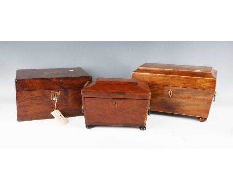 A Victorian rosewood travelling vanity case, width 27cm, a George III mahogany tea caddy with boxwood stringing, width 31cm, 