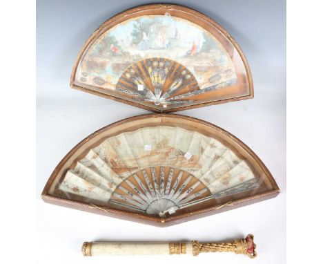 Two late 18th century mother-of-pearl and vellum folding fans, both within glazed cases (faults), together with another bone 