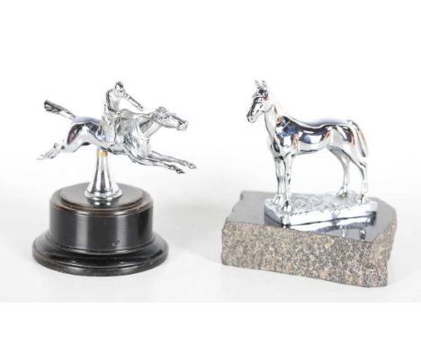 A Desmo chromium plated car mascot in the form of a horse, height 10cm, mounted on a granite base, together with another simi