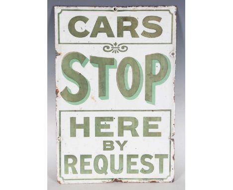 A 'Cars Stop Here By Request' enamel sign, detailed 'Bruton', 45cm x 30.5cm.