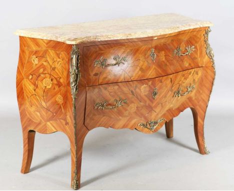 A 20th century Louis XV style kingwood and floral marquetry two-drawer commode with a shaped marble top and gilt metal mounts
