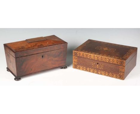 A Victorian mahogany tea caddy of sarcophagus form, width 31cm, together with a Victorian rosewood and foliate inlaid workbox