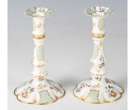 A pair of modern Halcyon Days enamel candlesticks of 18th century style, height 16.5cm.