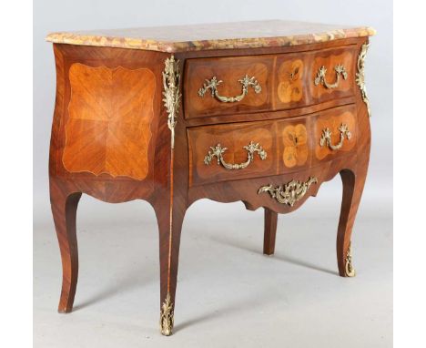 A 20th century French Louis XV style kingwood and foliate inlaid commode of bombé form, the Brèche d'Alep marble top above tw