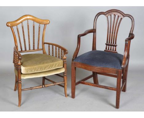 A George III mahogany pierced splat back elbow chair, height 95cm, width 60cm, together with a Victorian walnut bobbin turned