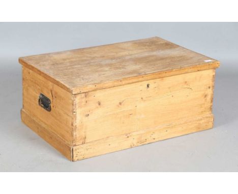 A 19th century pine trunk with hinged lid and handles, width 83cm.
