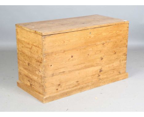 A 19th century pine rectangular trunk with hinged lid, height 64cm, width 105cm, depth 50cm.